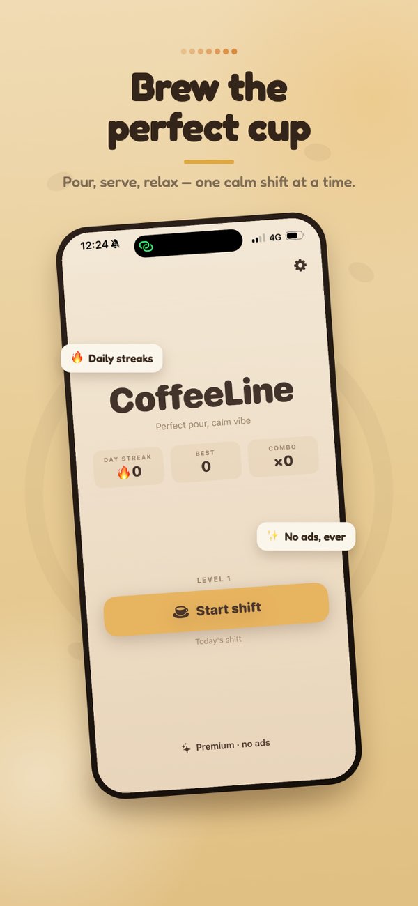 Barista Coffee: CoffeeLine hero screen introducing the cozy cafe shift.