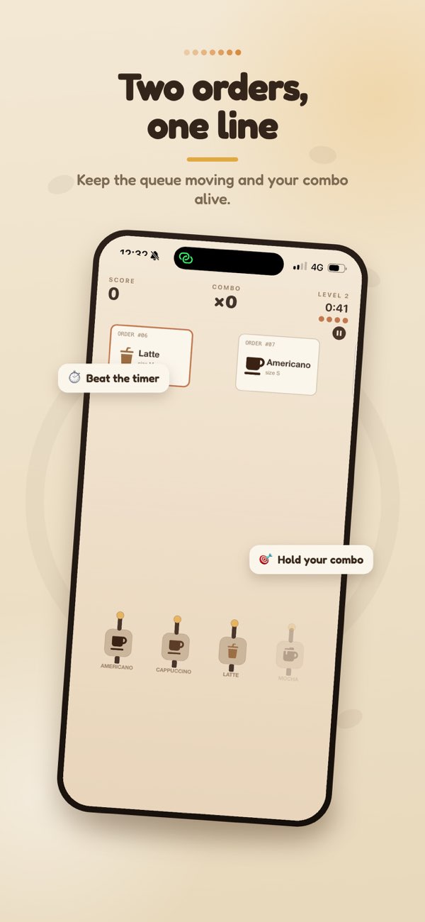 Barista Coffee: CoffeeLine gameplay screen with two drink orders in queue.