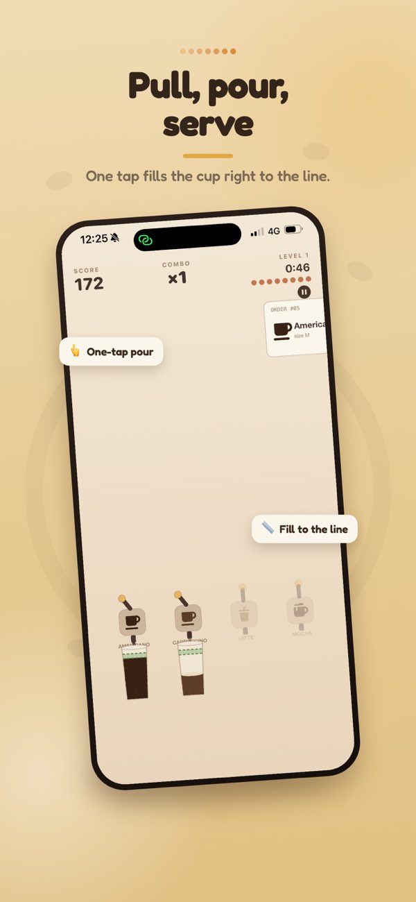 Barista Coffee: CoffeeLine close-up gameplay screen showing a precise coffee pour.