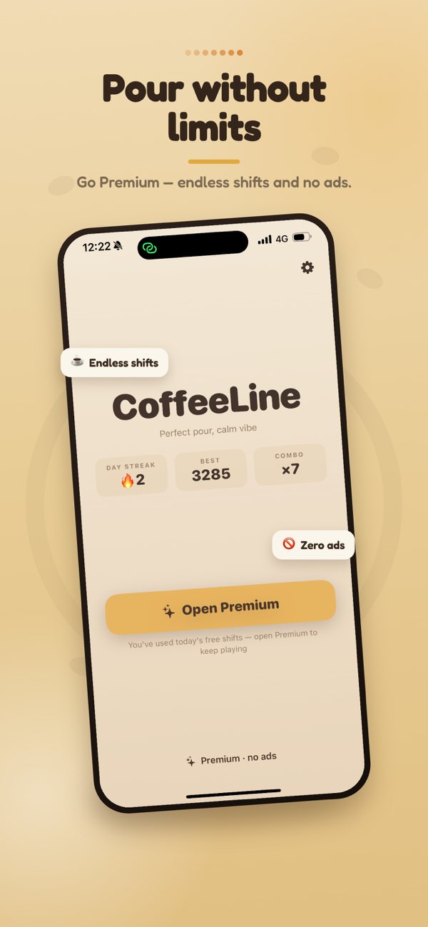 Barista Coffee: CoffeeLine premium screen describing ad removal and unlimited daily play.
