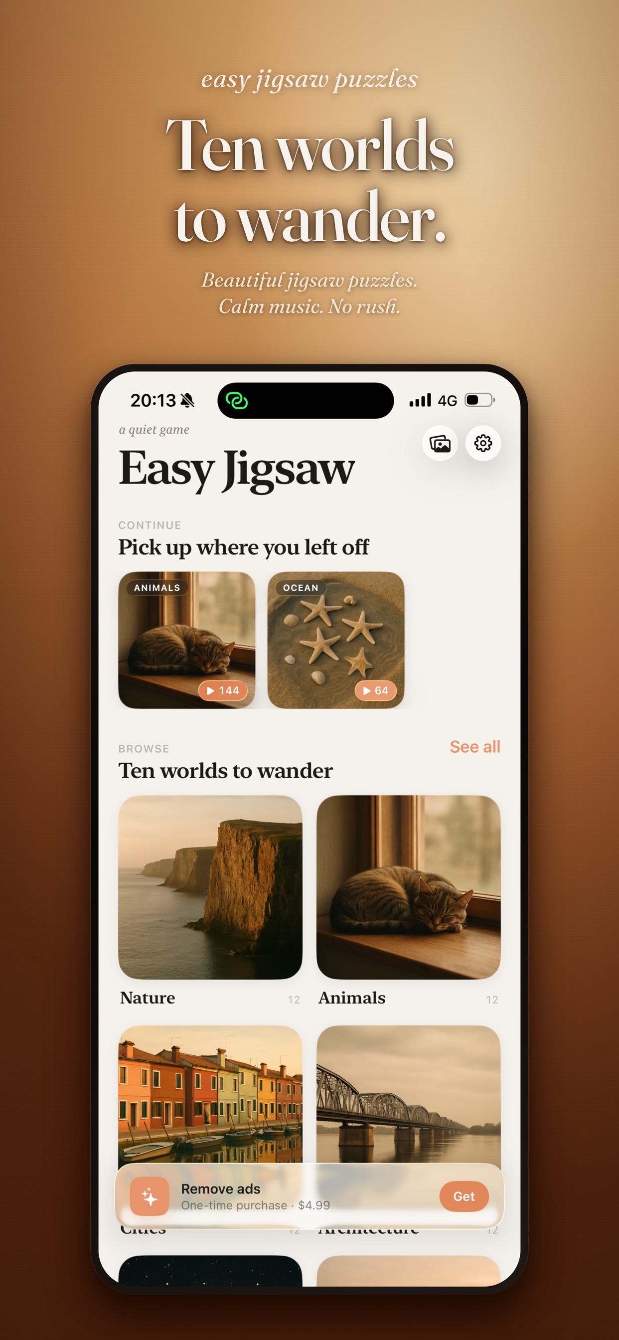 Easy Jigsaw Puzzles home screen with the message Ten worlds to wander.