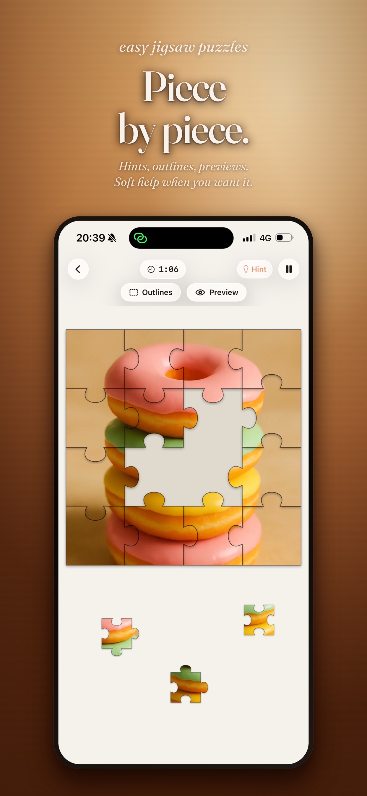 Easy Jigsaw Puzzles gameplay screen with the message Piece by piece.