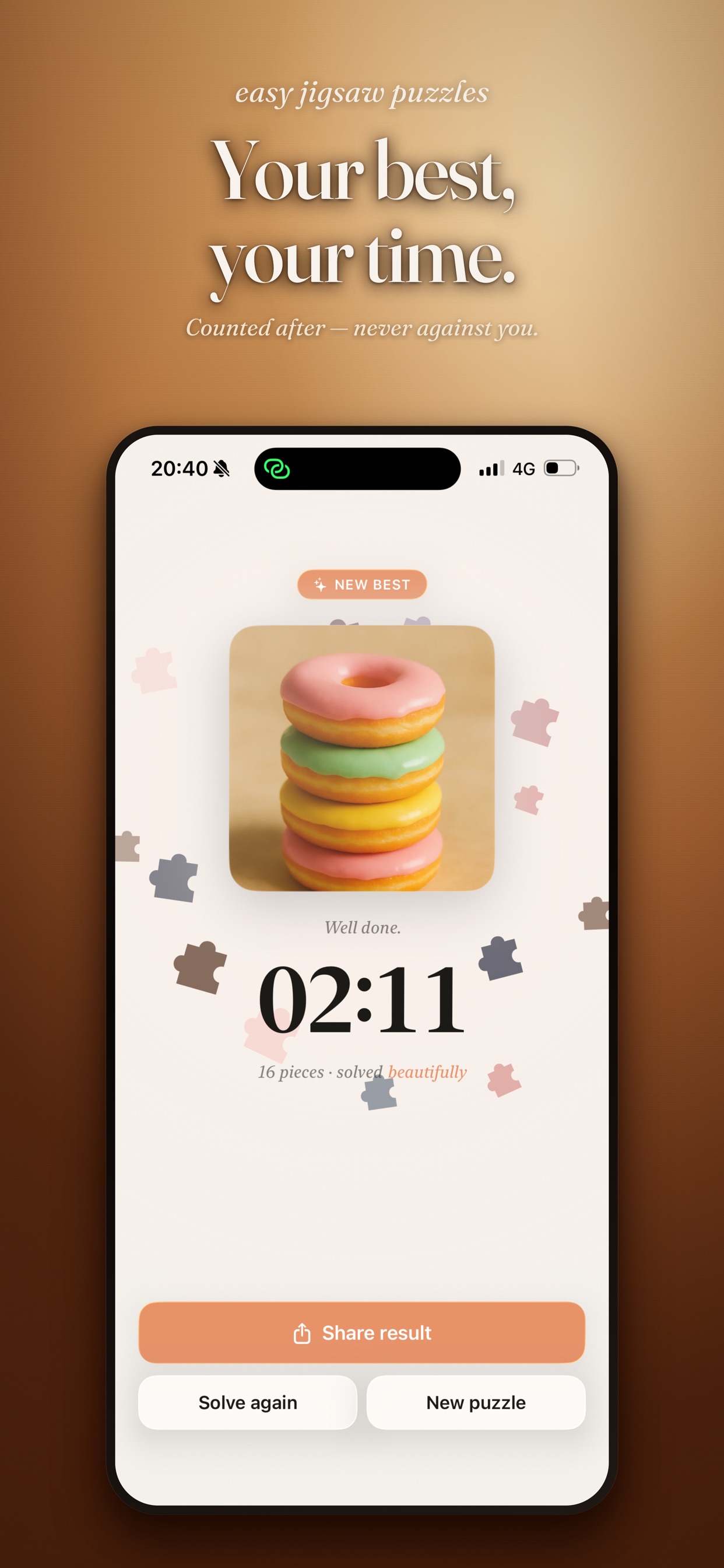 Easy Jigsaw Puzzles completion screen with the message Your best, your time.