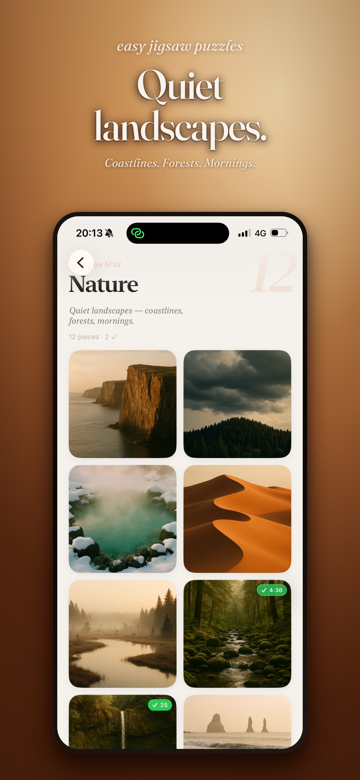 Easy Jigsaw Puzzles nature collection screen with quiet landscapes.