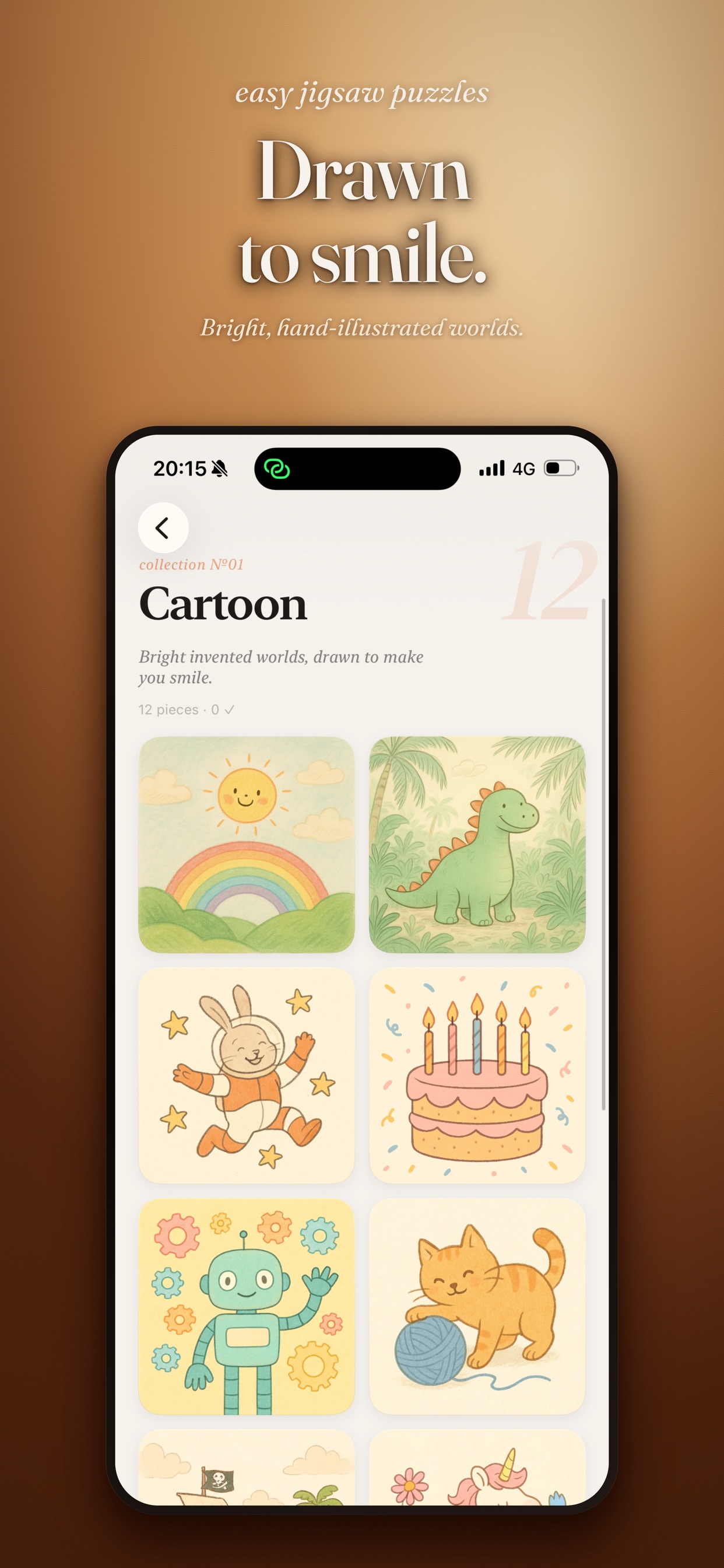 Easy Jigsaw Puzzles cartoon collection screen with the message Drawn to smile.