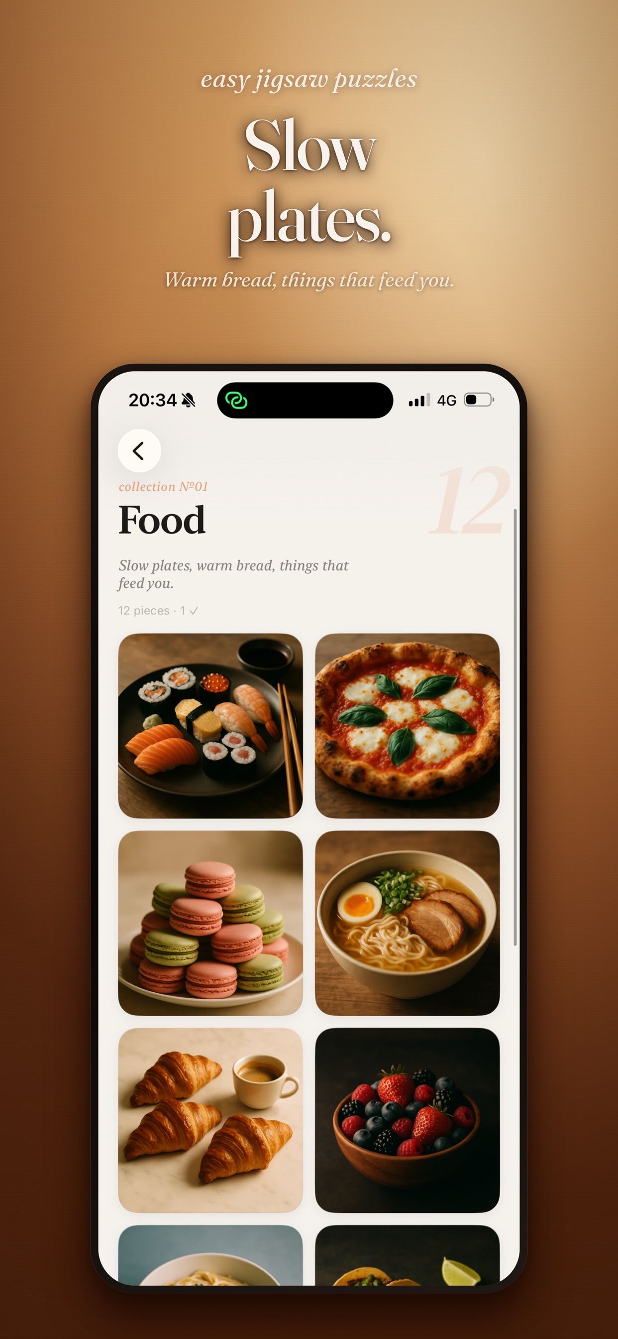 Easy Jigsaw Puzzles food collection screen with the message Slow plates.
