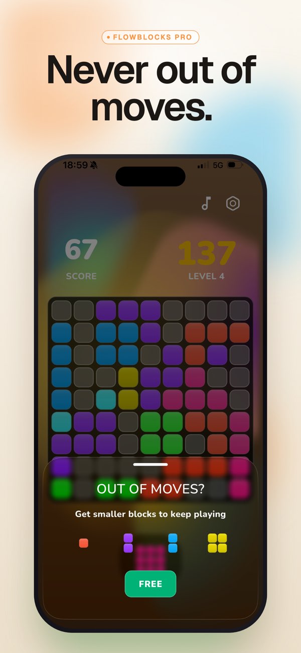 Block Puzzle Blast: FlowBlocks gameplay screenshot about never getting stuck.