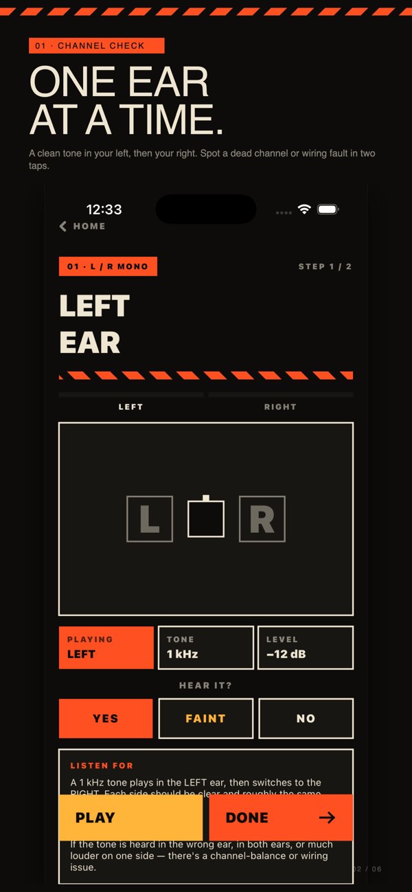 Headphone Sound Check left and right channel check screen.