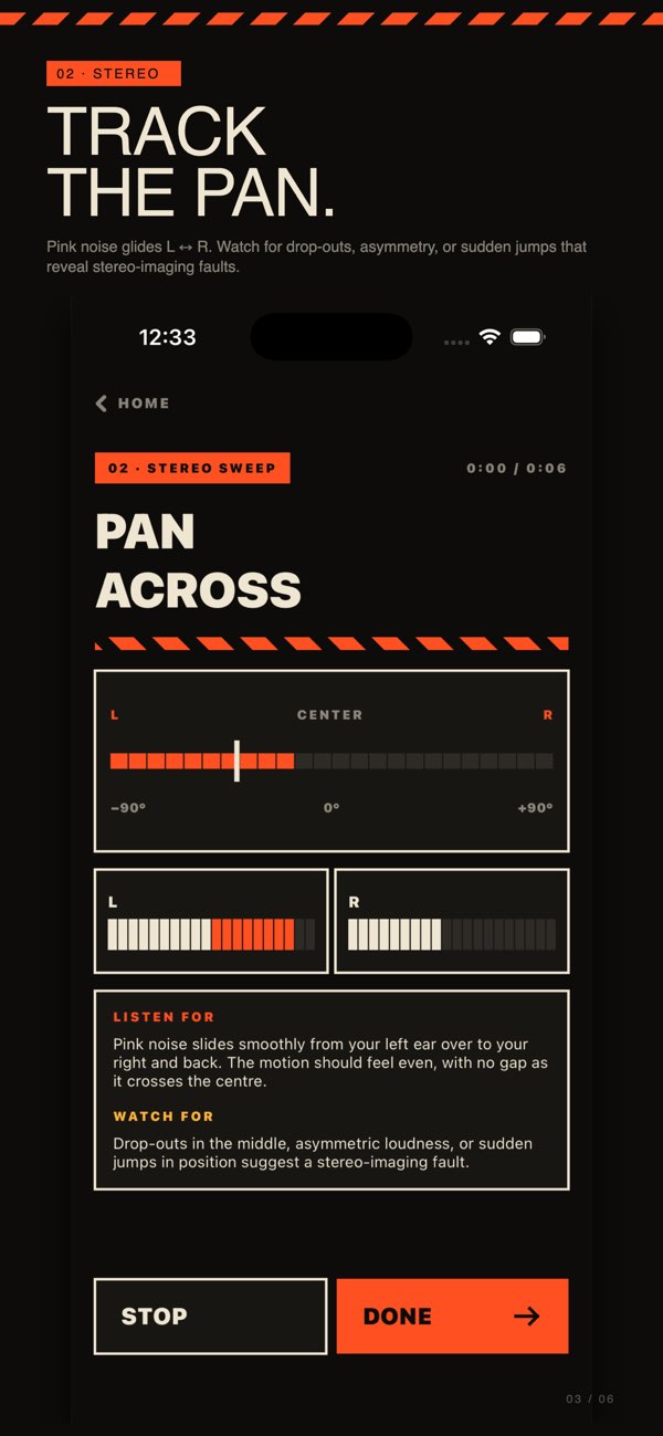 Headphone Sound Check stereo sound test screen.