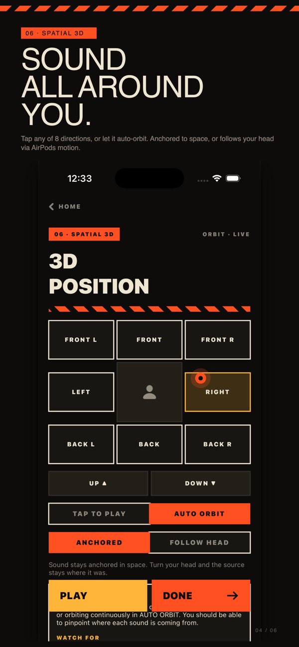 Headphone Sound Check spatial sound test screen.