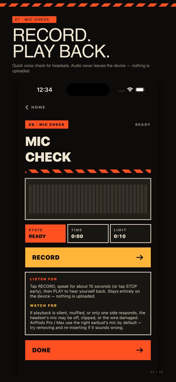 Headphone Sound Check microphone check screen.