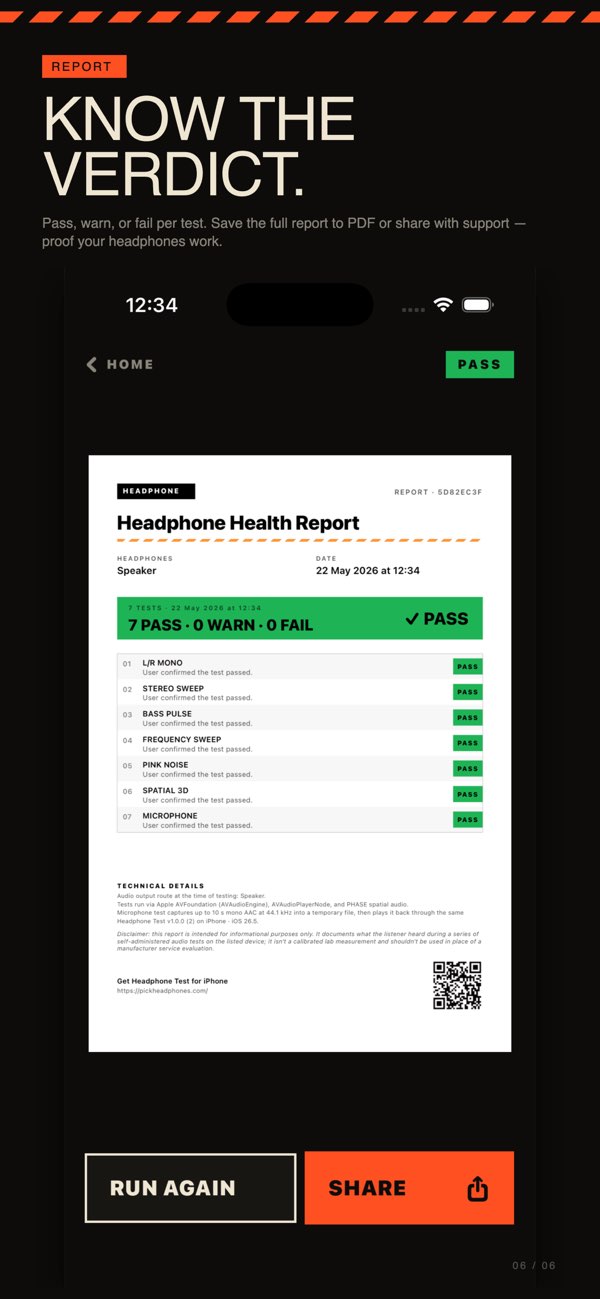 Headphone Sound Check results report screen.