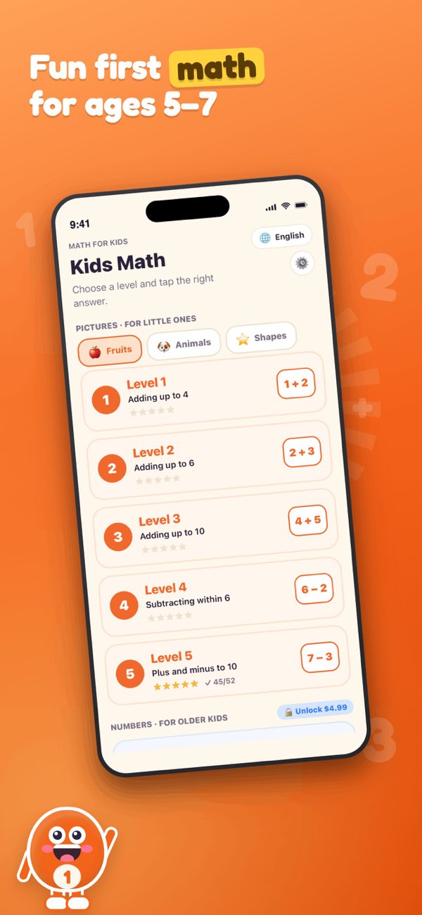 Kids Math: Count & Add home screen with colorful preschool learning paths.