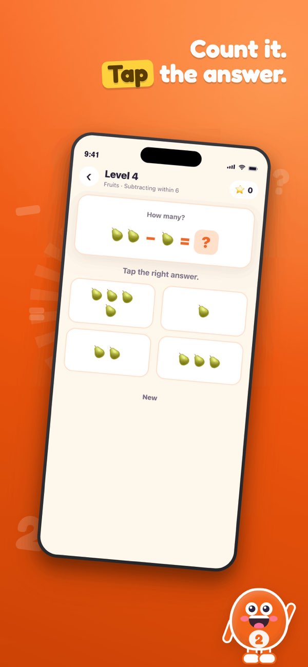 Kids Math: Count & Add gameplay screen showing picture-based answer choices.