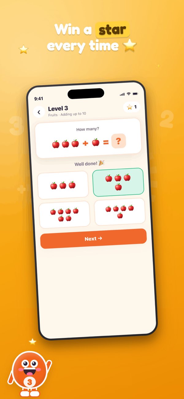 Kids Math: Count & Add progress screen with stars earned after completing tasks.