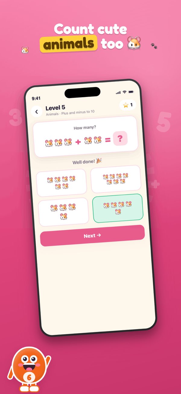 Kids Math: Count & Add cute animal level selection screen for preschool players.