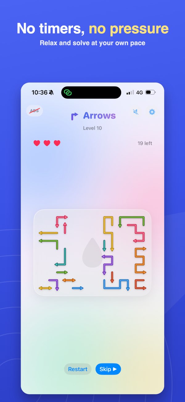 Arrow Puzzle: Tap & Escape screenshot highlighting a calm no-pressure puzzle setup.