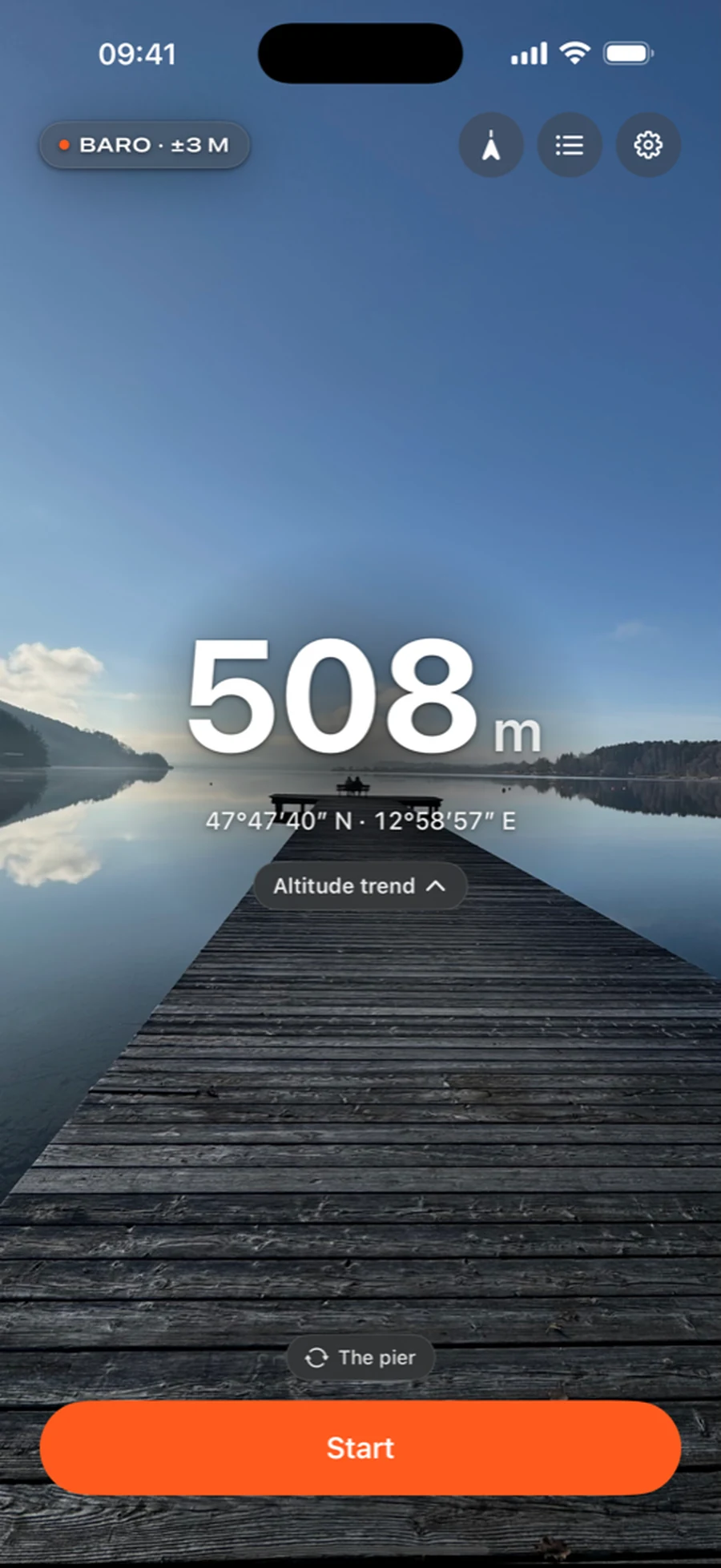 VERT hero screen showing the altimeter above a still lake and wooden jetty.