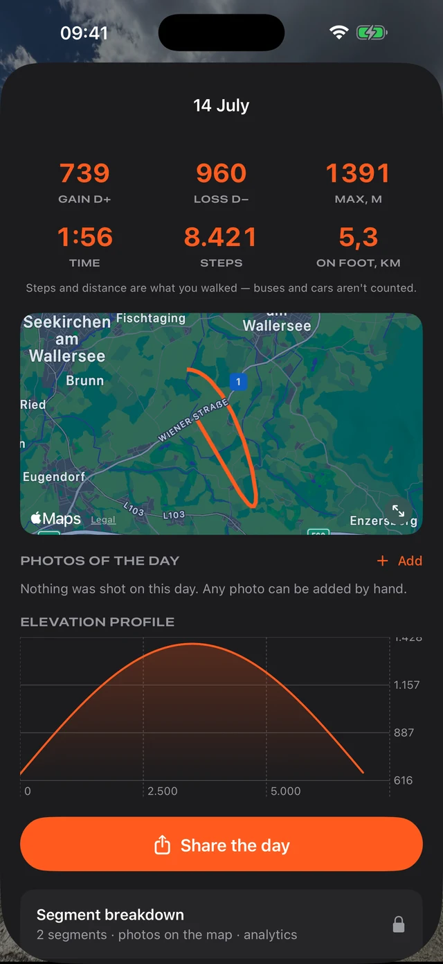 VERT recorded hiking day screen with stats, map, and elevation profile.
