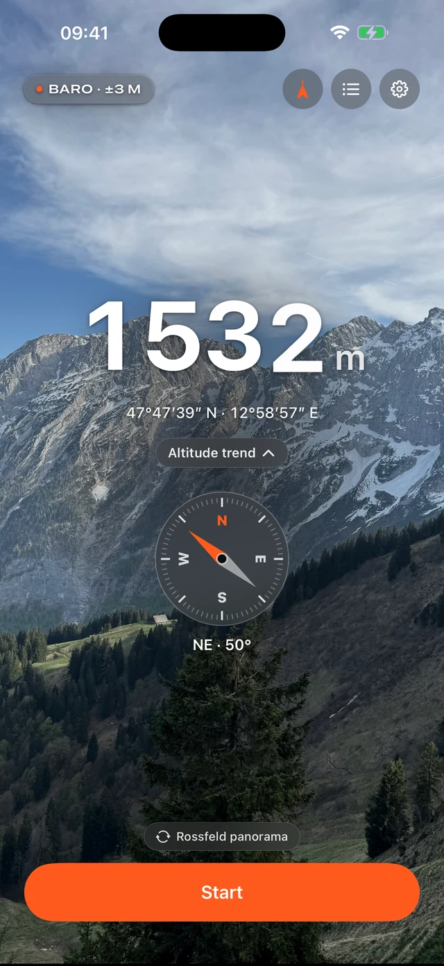 VERT altimeter home screen with the compass shown.