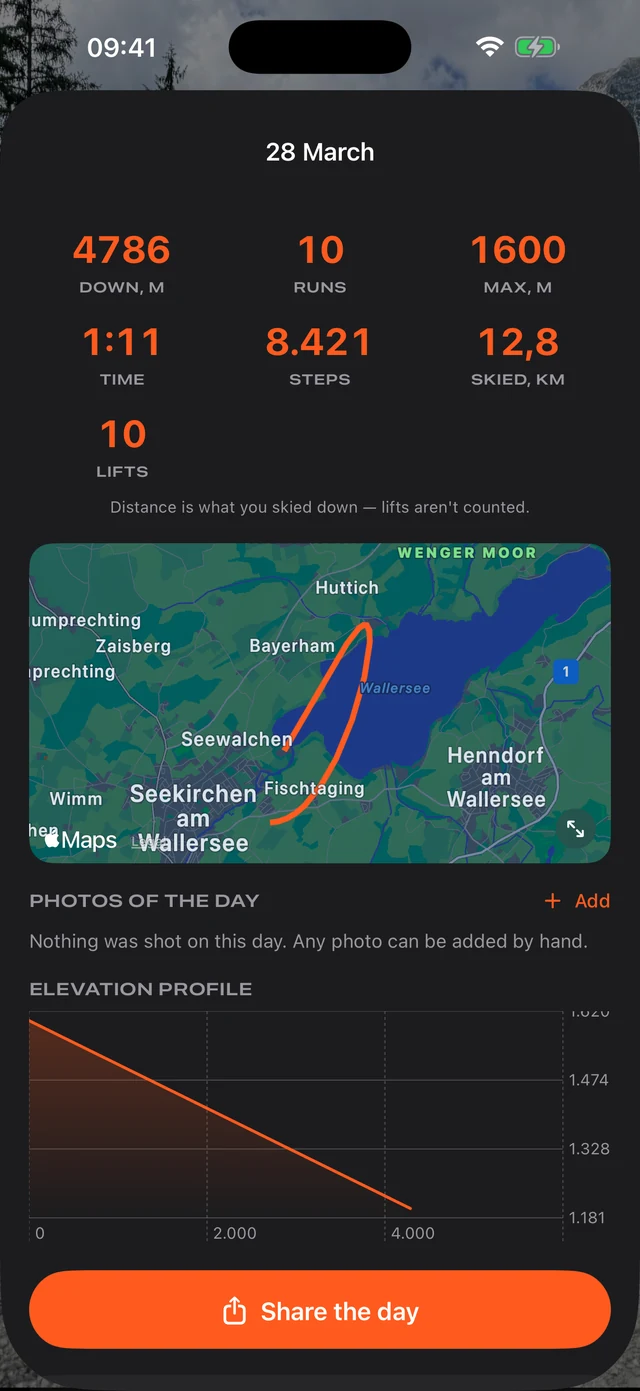 VERT recorded ski day screen showing runs and vertical drop.